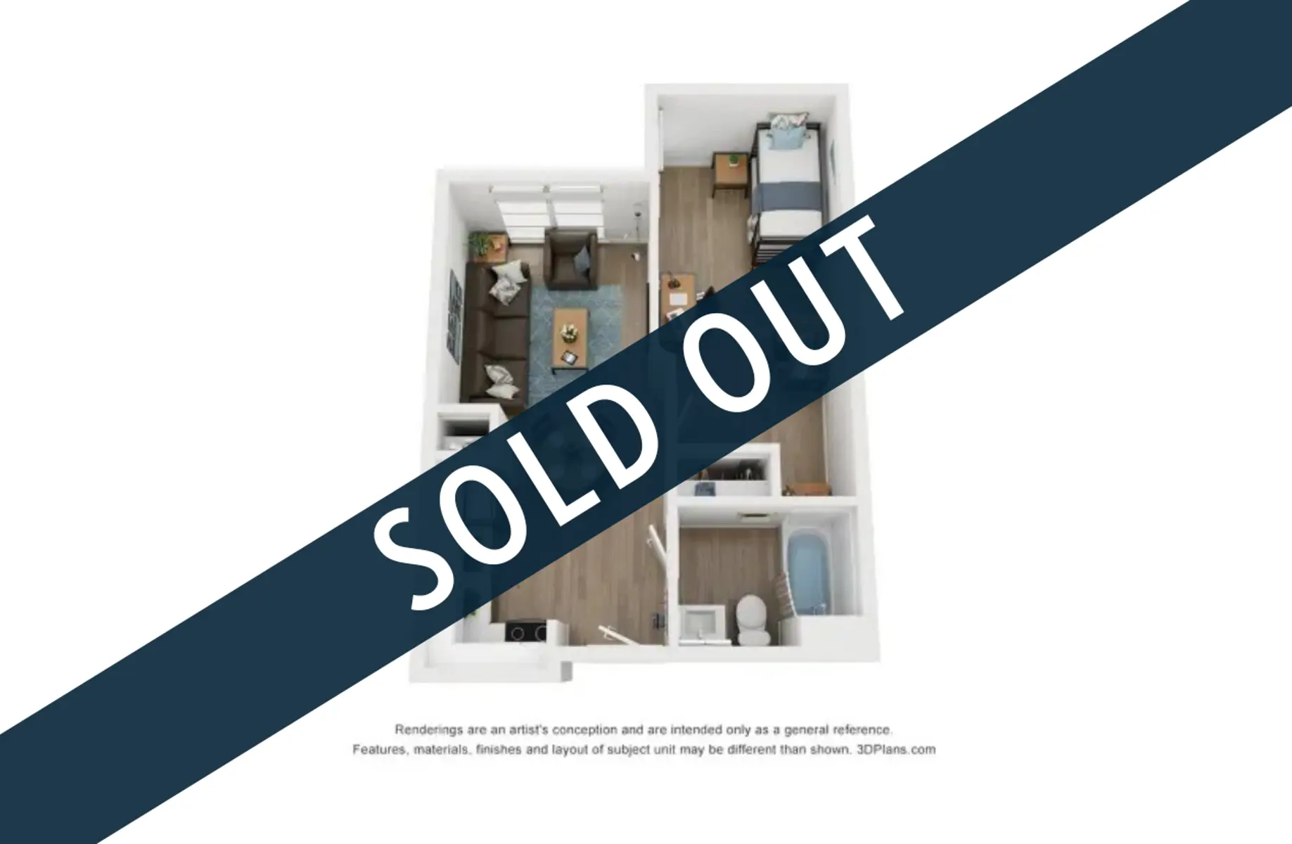 3D floor plan with furniture layout marked as sold out