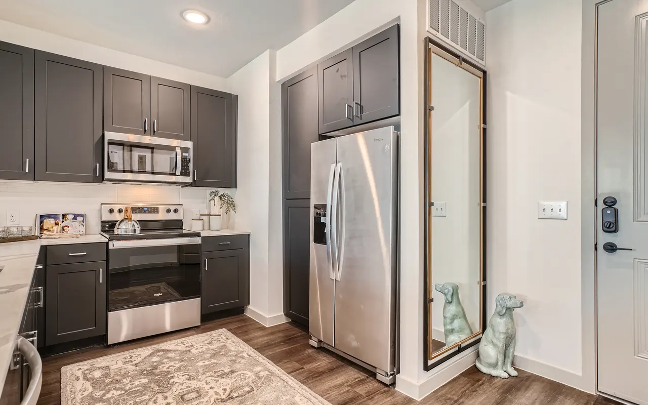 A kitchen at Standard on the River with stainless steel appliances, hardwood-style flooring, and a rug.