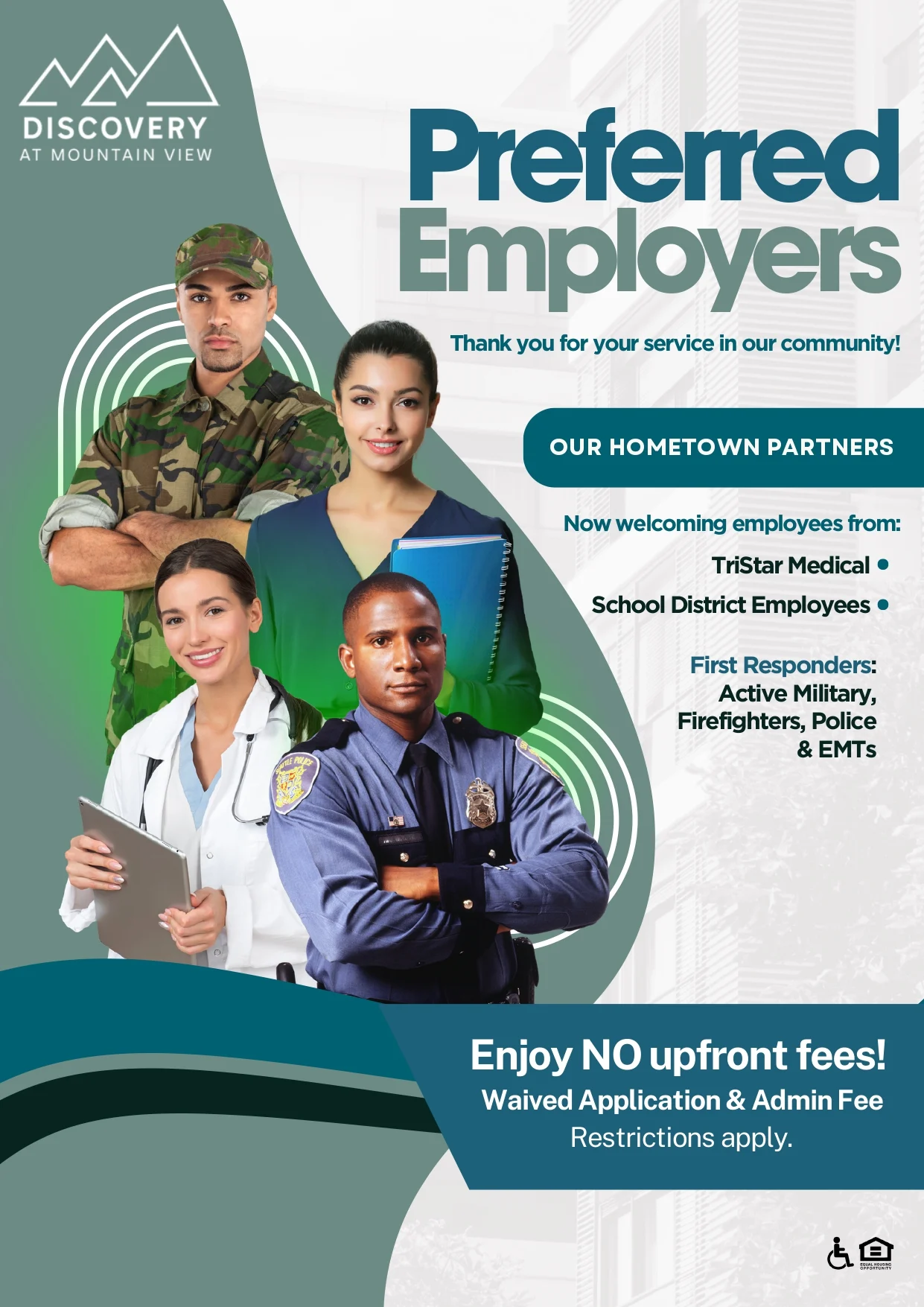 Promotional flyer for Discovery at Mountain View highlighting preferred employers for community service members.