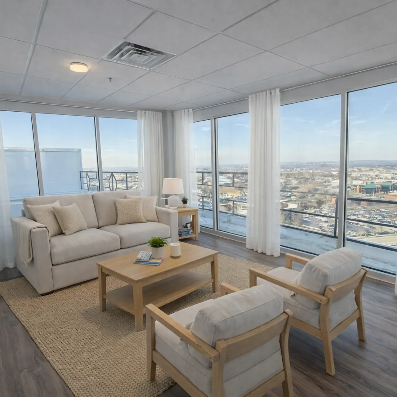 Modern living room with large windows offering a view of the city, featuring a light-colored sofa, wooden chairs, and a coffee table on a textured rug.