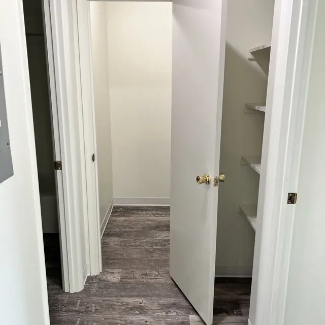 Apartment hallway showcasing beautiful wood flooring and convenient closet space for storage.