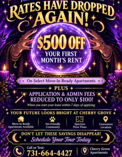 Promotional flyer for Cherry Grove Apartments announcing a discount on rent.