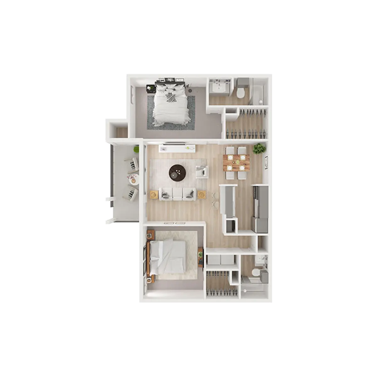 3D floor plan of a modern apartment with labeled rooms, furniture, and decor details.