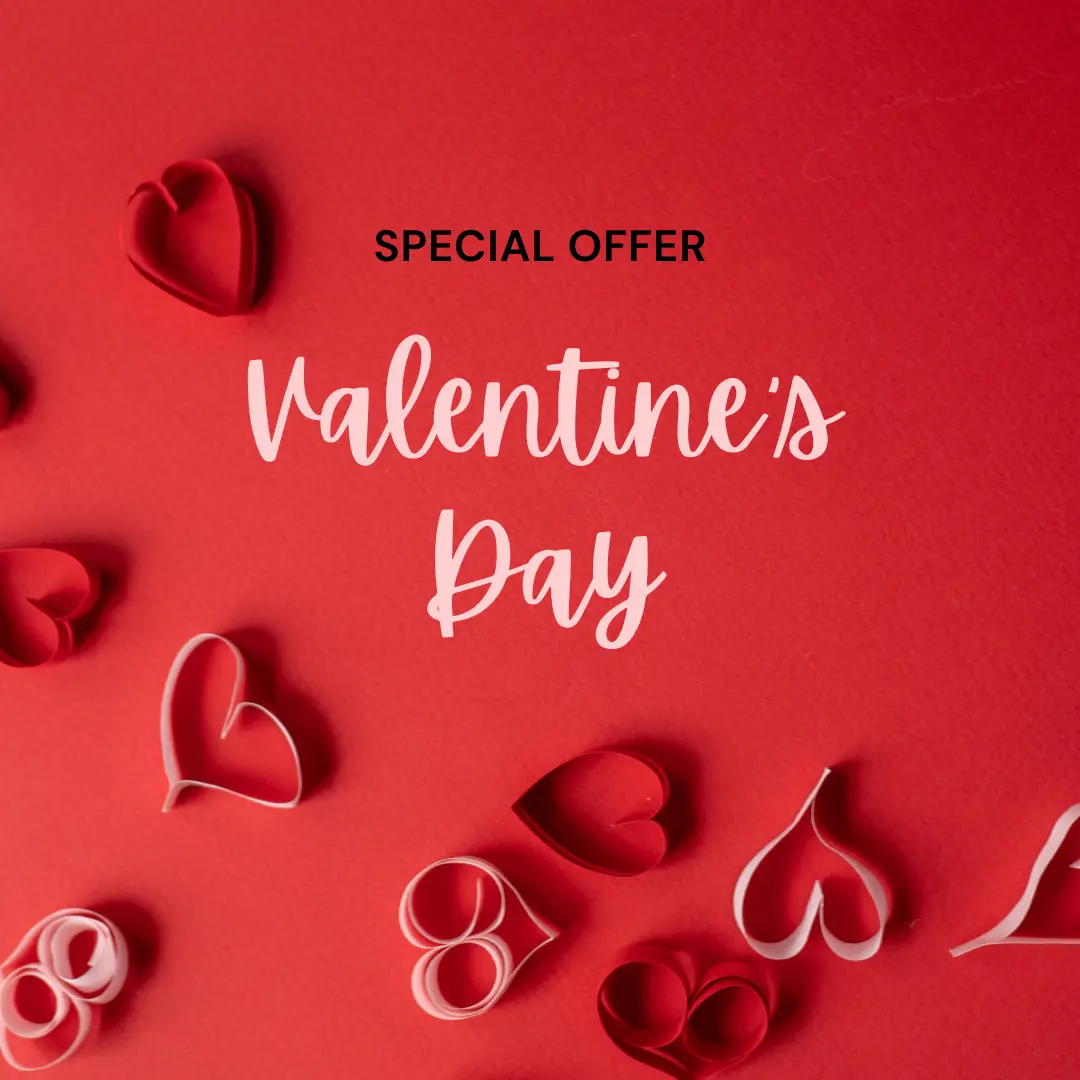 A decorative red background featuring a variety of paper heart shapes and text that reads 'Valentine's Day' and 'Special Offer'.