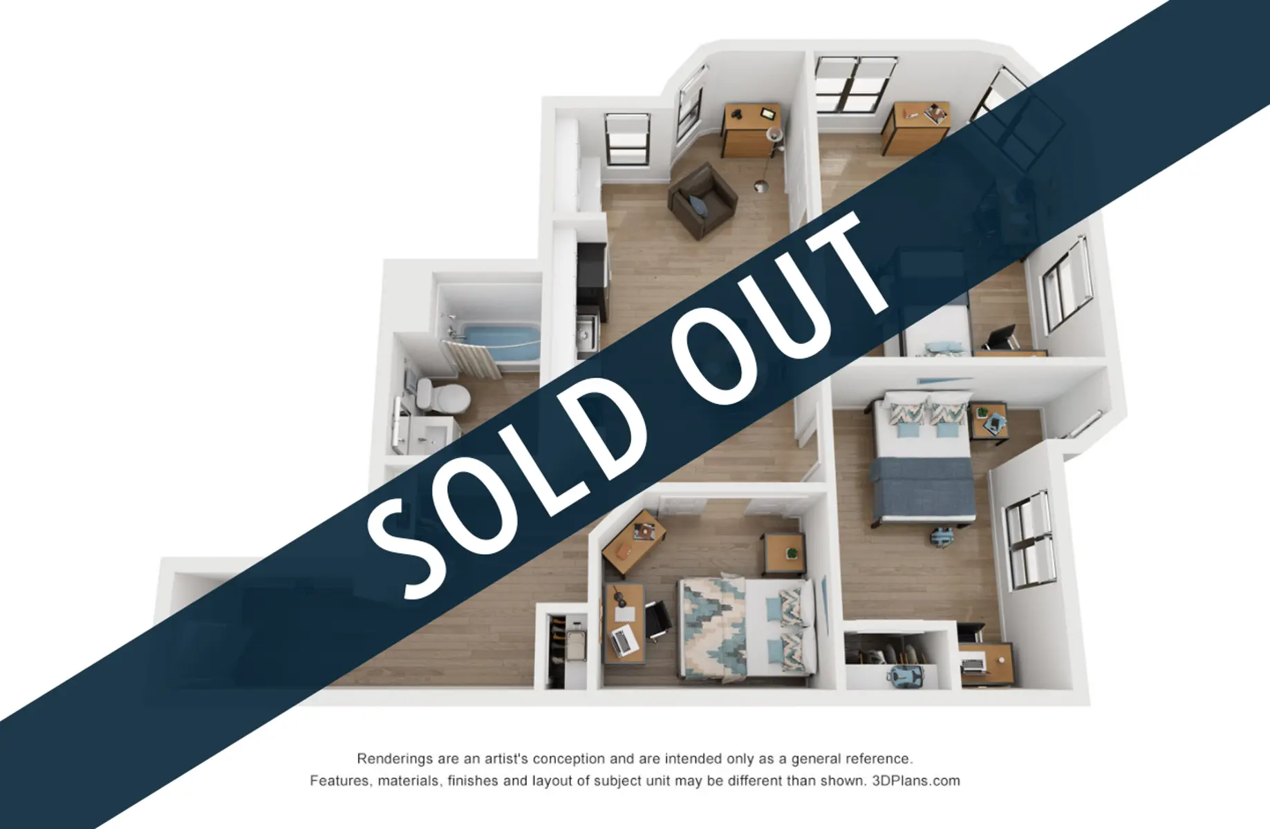 A floor plan of a residential unit marked with 'SOLD OUT' diagonally across it. The layout shows rooms and furniture arrangement.