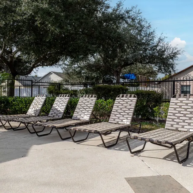 A row of six poolside lounge chairs on a concrete surface with a fenced area and surrounding greenery in the background.
