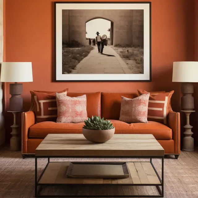 A modern living room featuring an orange wall with a large framed black and white photograph of a person walking through an archway. A stylish orange sofa with decorative pillows sits in front of a wooden coffee table. Two lamp stands with white lamps illuminate the space, and a round planter with a succulent is placed on the table.