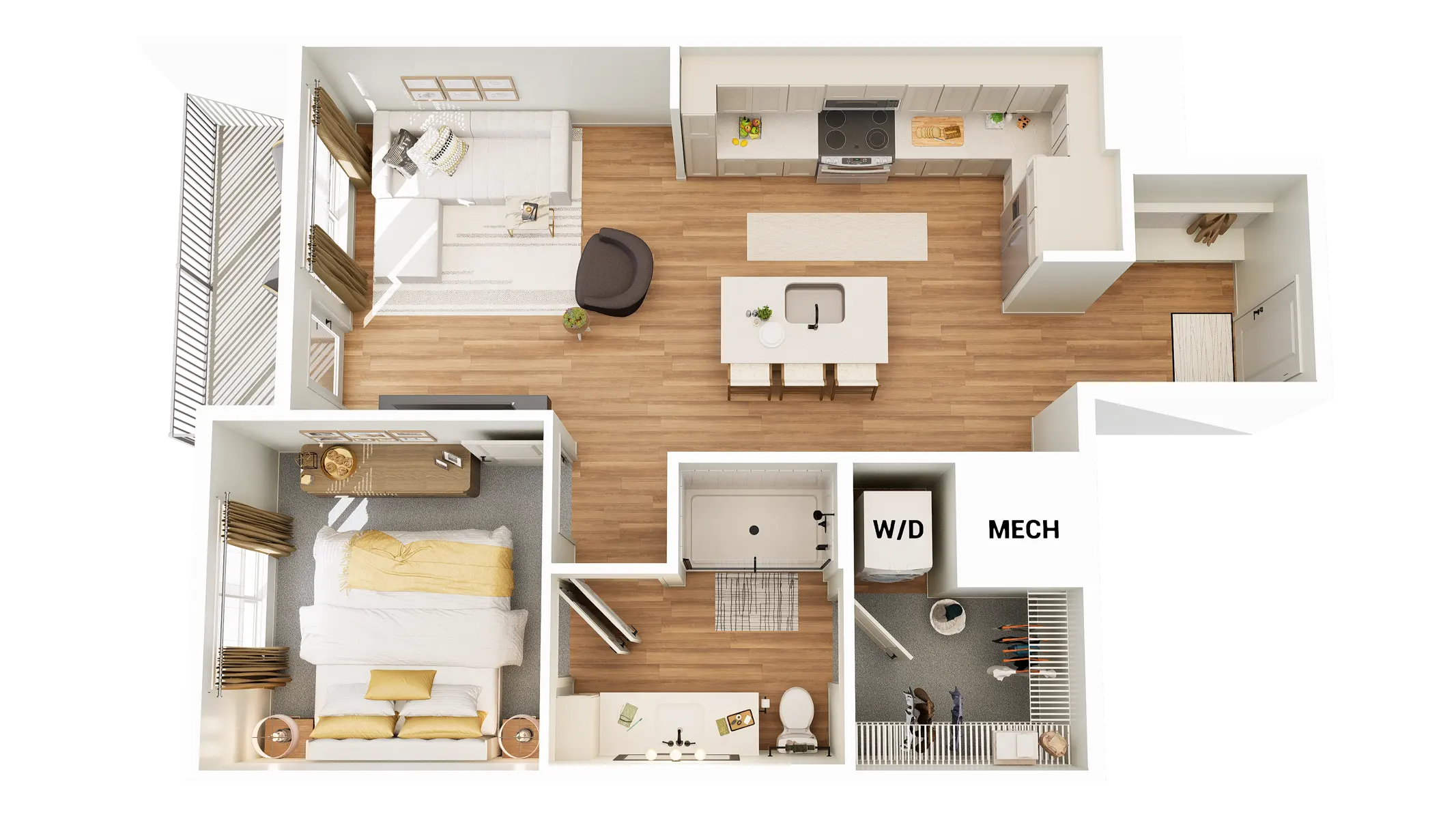 Modern Apartment Floor Plan A top-down view of an apartment floor plan featuring a living area, kitchen, bedroom, and bathroom.