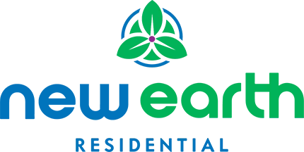 Logo of New Earth Residential featuring a stylized green leaf and blue text.
