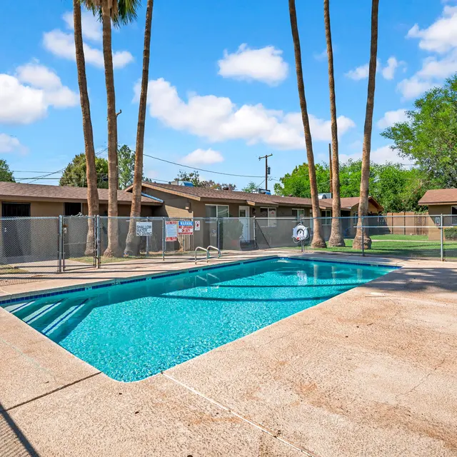 A clear swimming pool surrounded by palm trees at an apartment complex. Sun loungers are visible along the edge, and the area is enclosed with a fence.