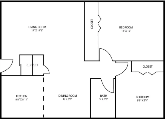 A floor plan layout of an apartment featuring a living room, three bedrooms, a kitchen, dining room, bathroom, and multiple closets.