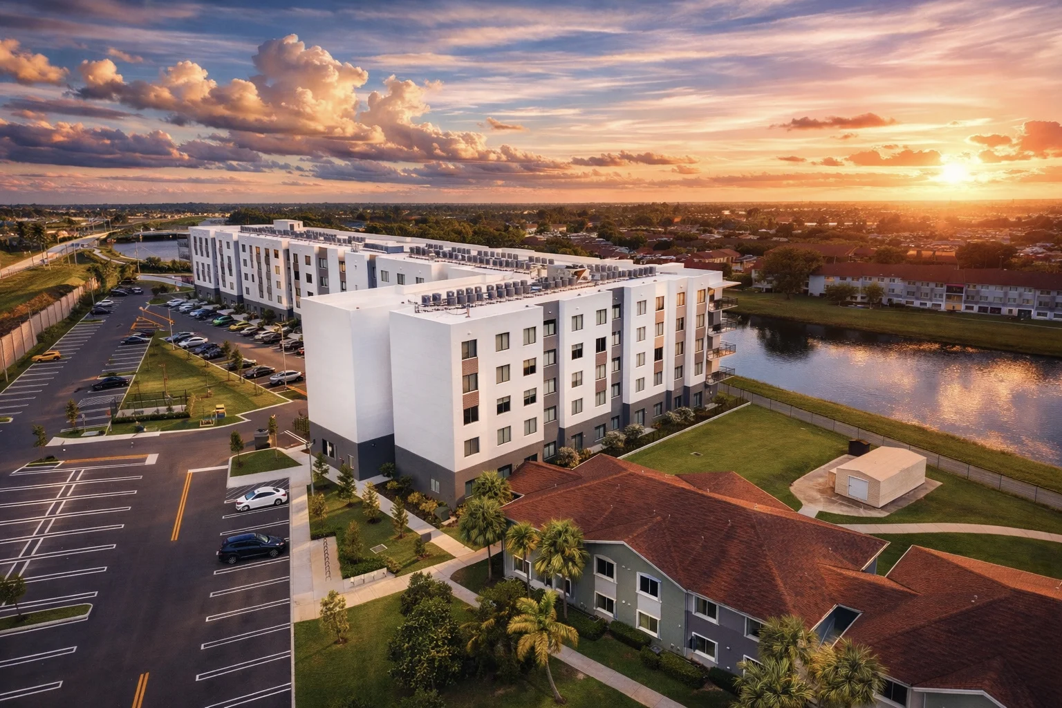 Aerial view of a modern apartment complex by a lake at sunset, with solar panels on the roof and parked cars.