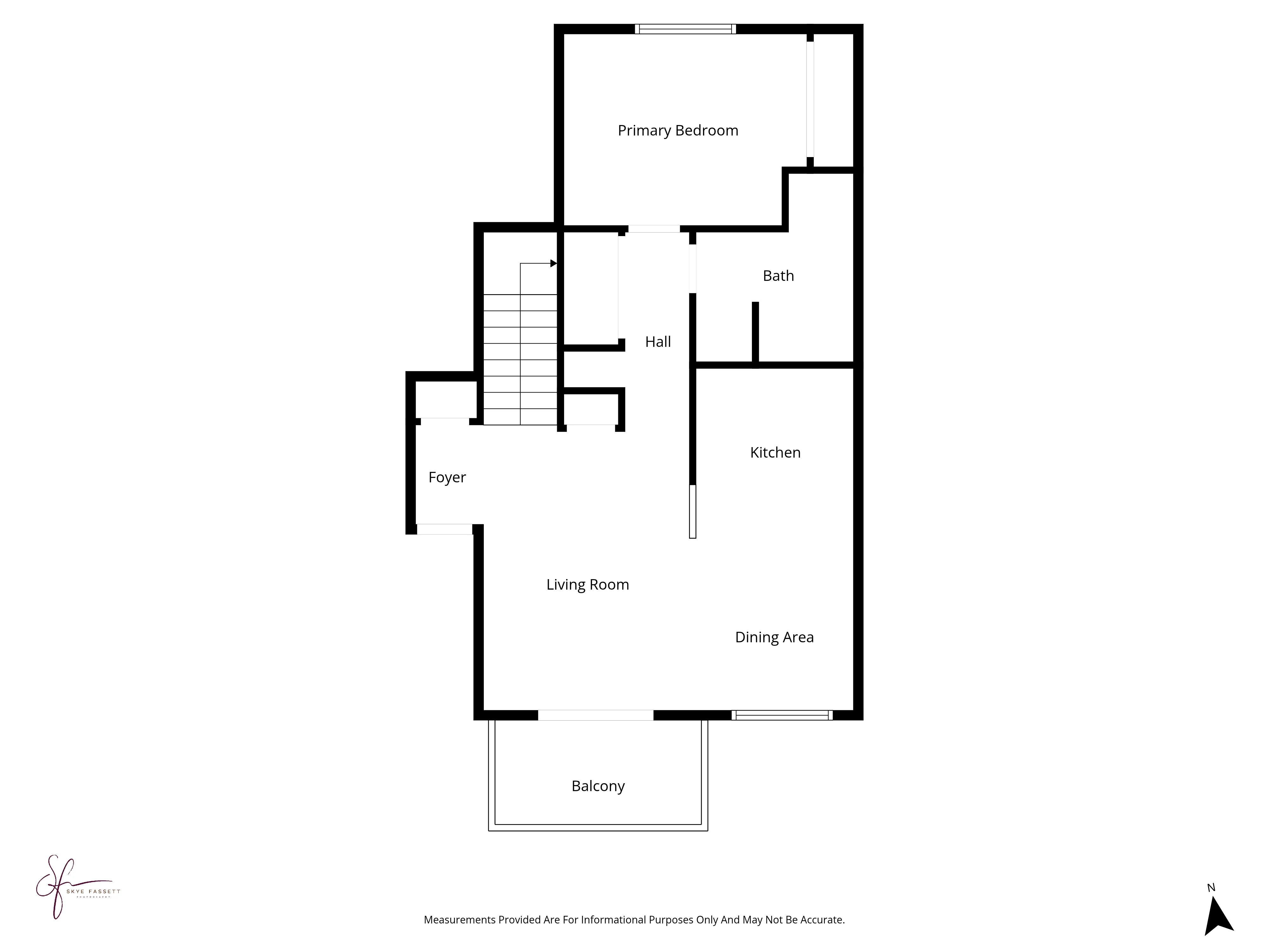 Residential Floor Plan Layout Architectural diagram of a residential floor plan featuring rooms like a primary bedroom, bath, kitchen, dining area, living room, and balcony.