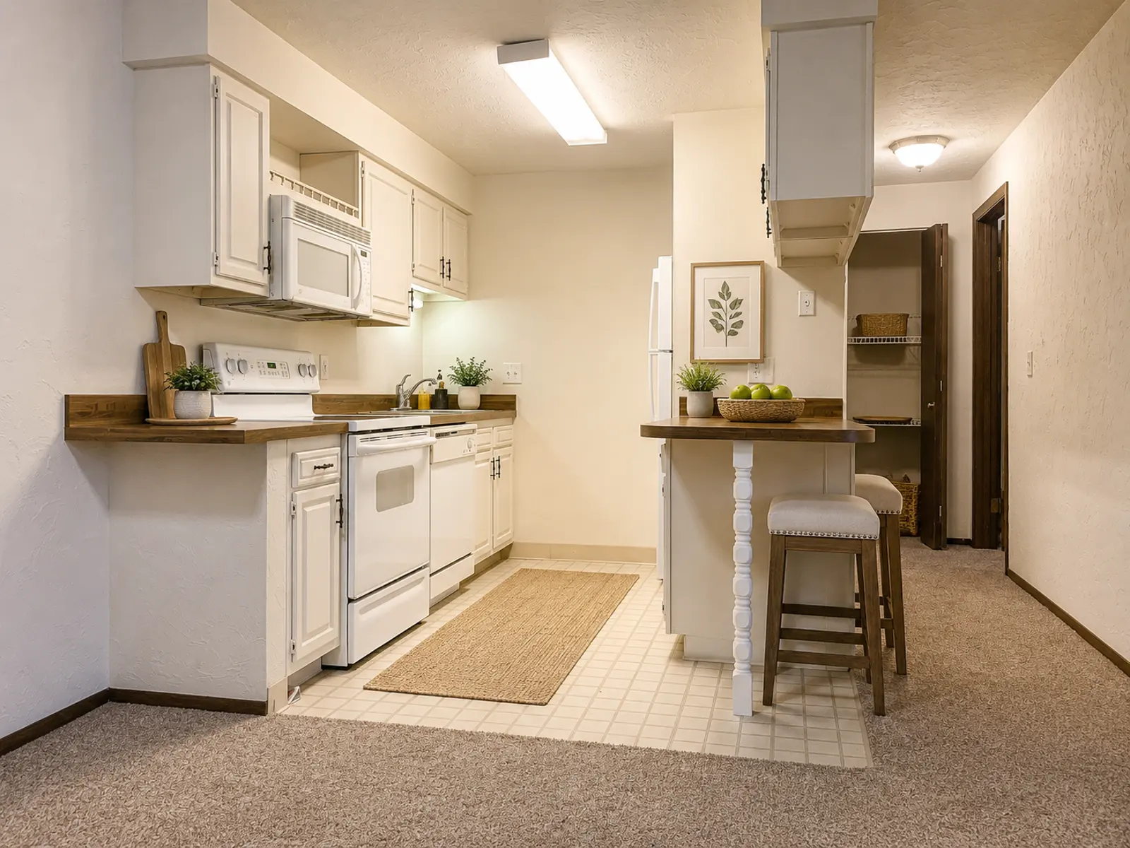 A cozy apartment kitchen with white cabinets, a small breakfast bar, and beige carpeting.