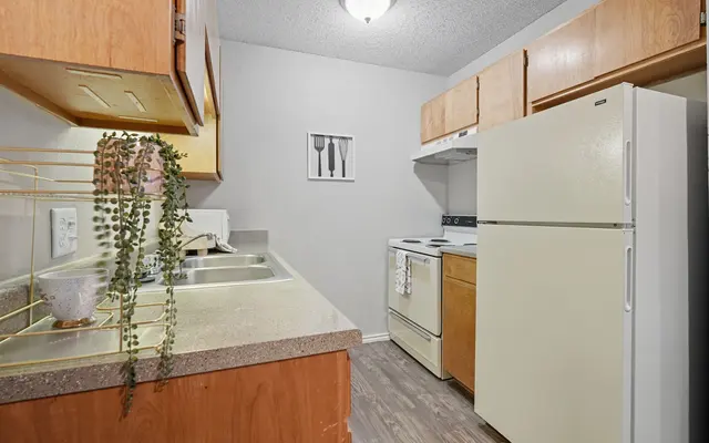 A small kitchen with wooden cabinets, a double sink, and a white refrigerator. There is a stove and oven on the right side, with a dish towel hanging from the handle.