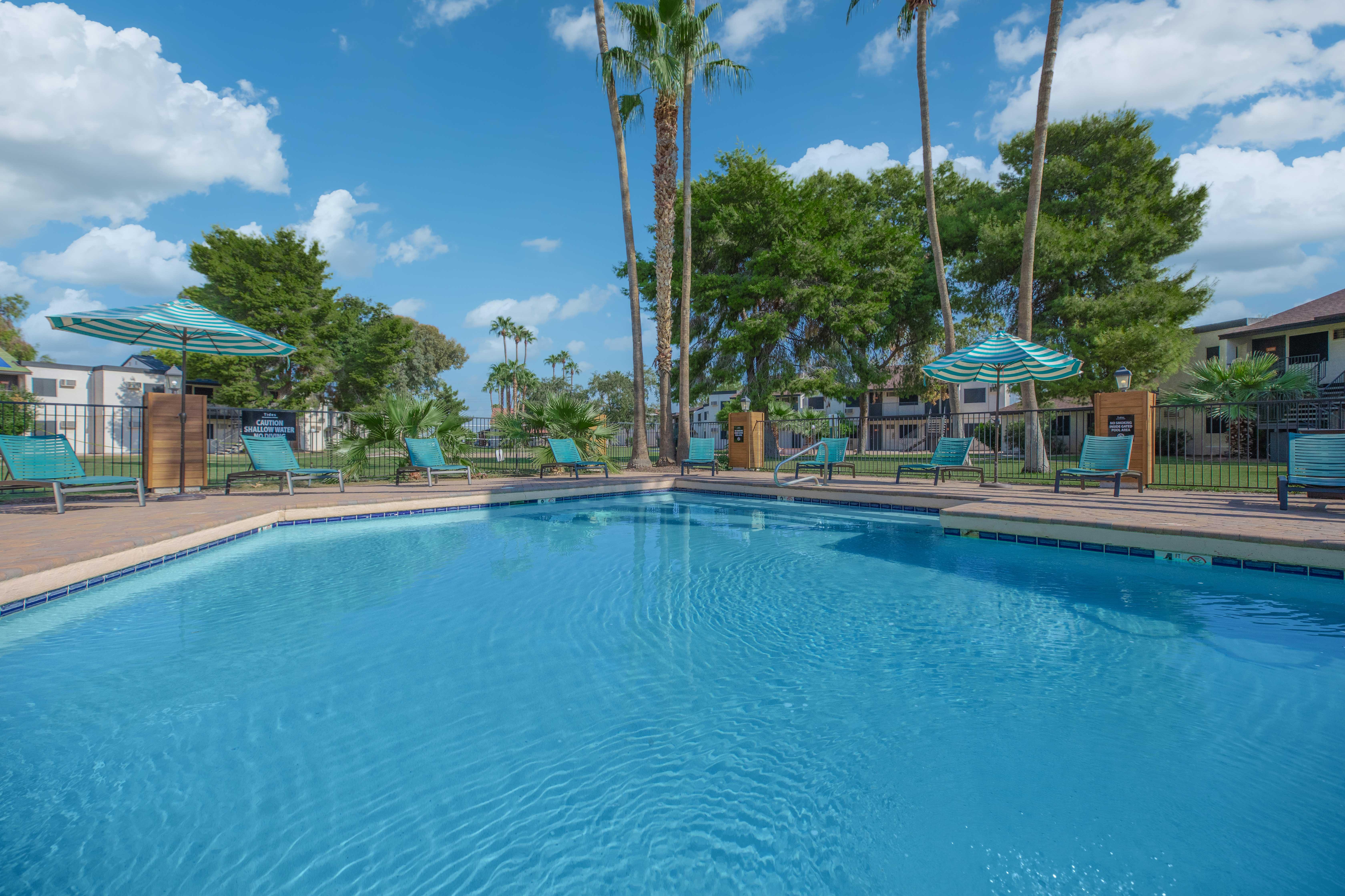 A clear blue swimming pool surrounded by palm trees and lounge chairs, under a bright blue sky with fluffy clouds.