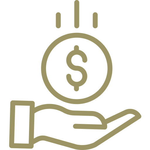 An icon of a hand holding a coin with a dollar sign, symbolizing financial transactions or support.