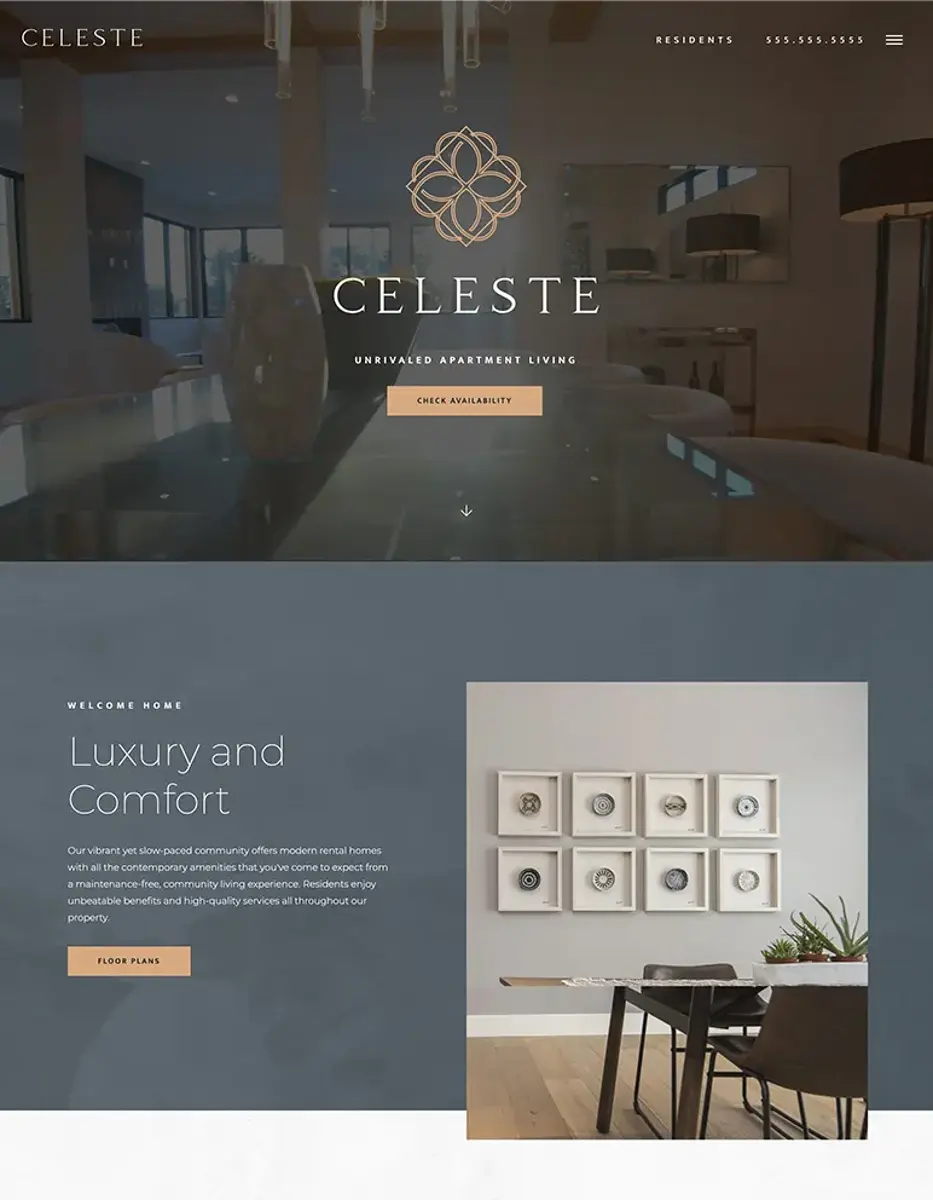Celeste Apartments - Unrivaled Living Website layout for Celeste Apartments featuring a sleek design with a dark theme, inviting visitors with sections for luxury living and an artistic display of framed images.