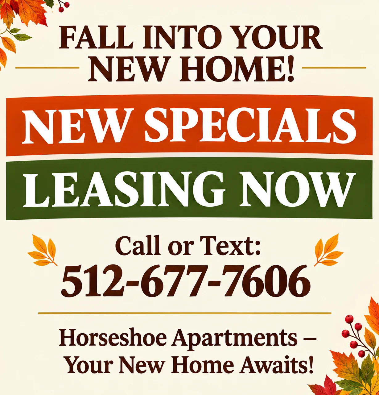 Promotional advertisement for leasing apartments with fall-themed decorations and contact information.