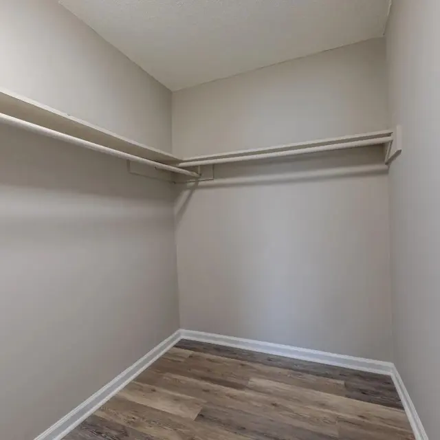 Empty Closet Space An empty closet with light beige walls and wooden flooring. There is a shelf along the top and no items present.