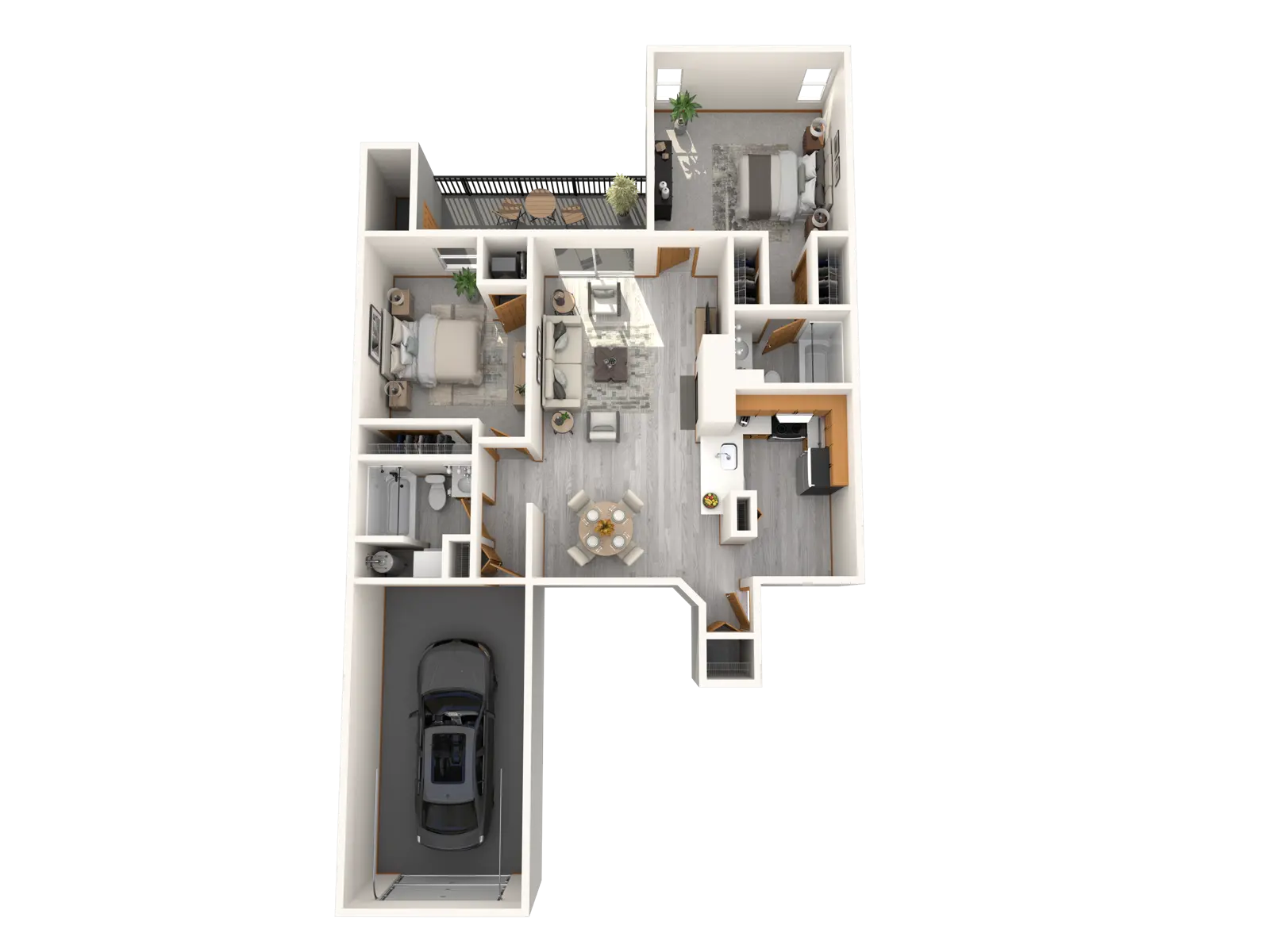 An overhead view of a modern floor plan showing various rooms including a living area, kitchen, and garage.