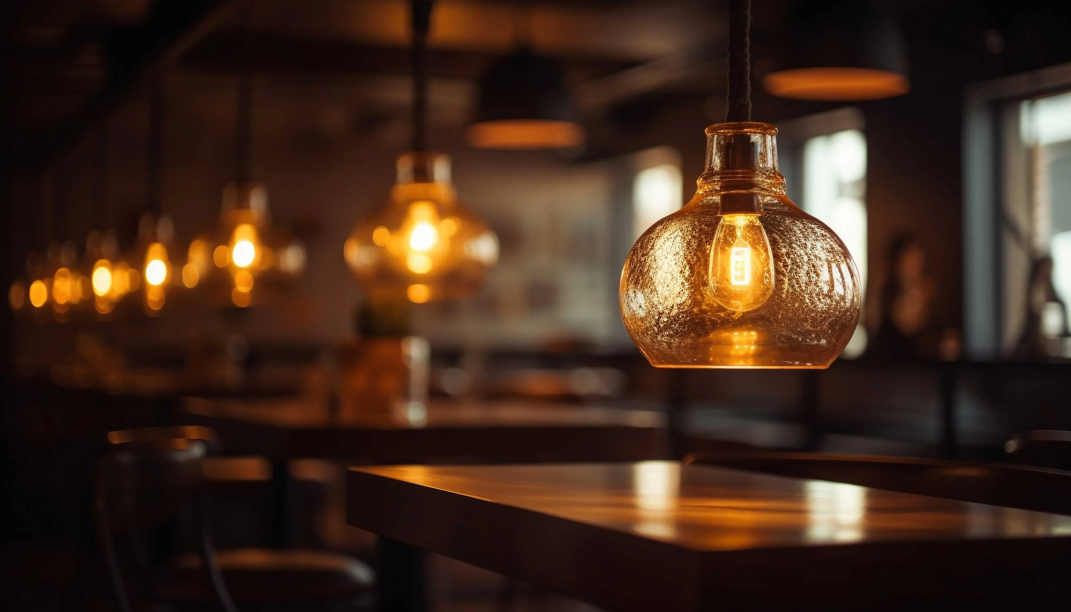 Warmly lit interior of a restaurant with hanging glass pendant lights and wooden tables.