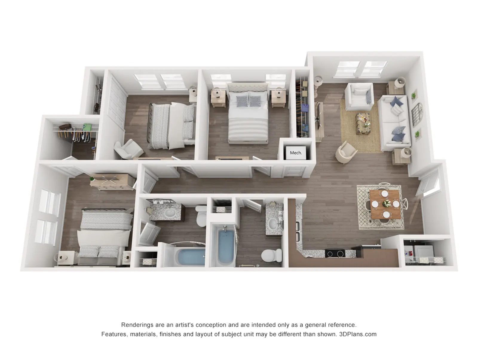 A 3D floor plan of a modern apartment layout, featuring two bedrooms, a living room, kitchen, and two bathrooms. The layout is open and spacious with furniture arranged for functionality.