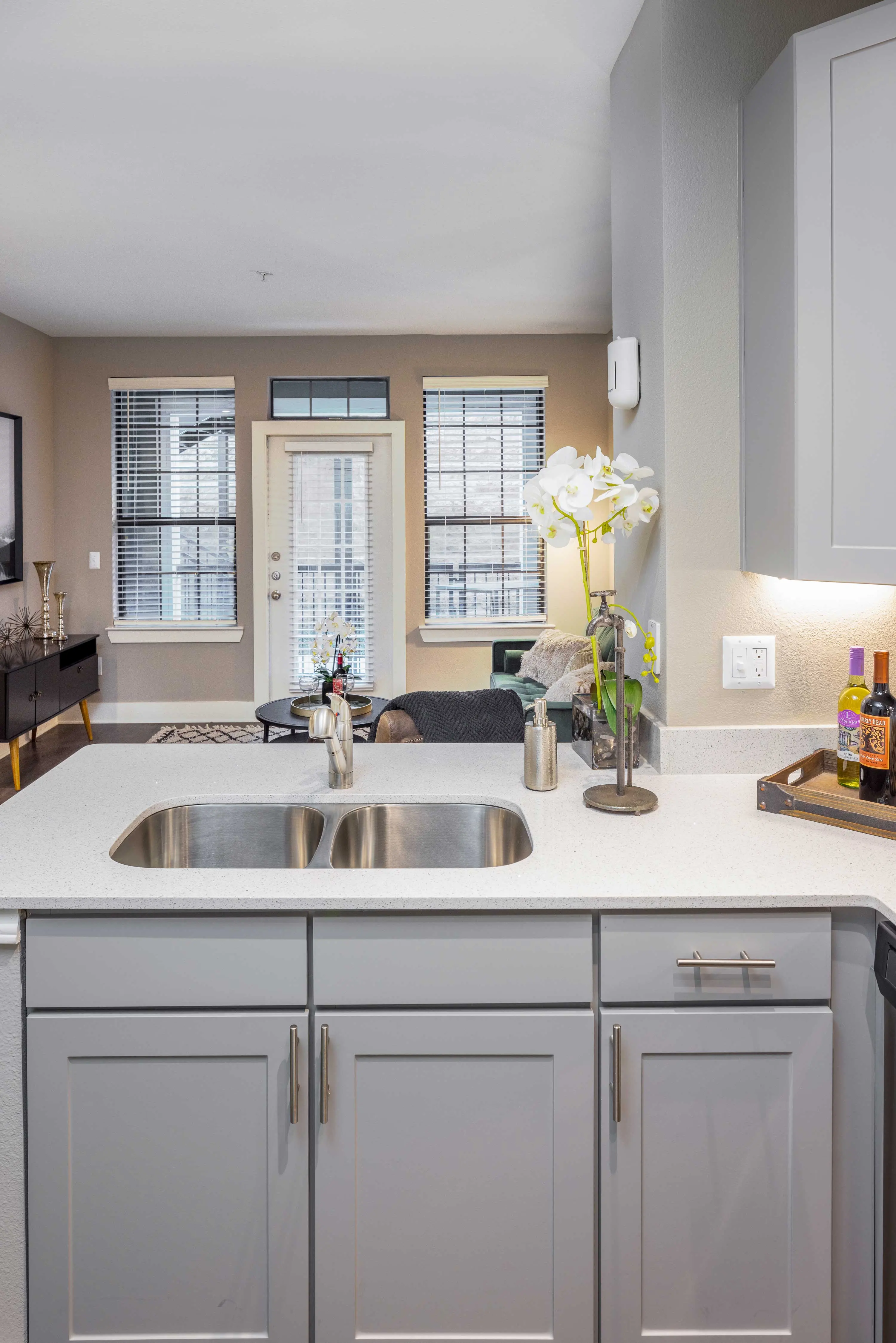 A modern kitchen with gray cabinetry, a white countertop, and a stainless steel sink. There's a plant on the counter, and large windows provide natural light.
