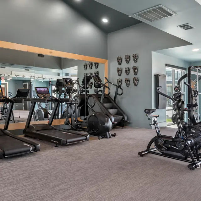 Modern Community Gym Facility A modern gym area featuring multiple exercise machines including treadmills, an elliptical, and a weight machine, with large mirrors on one wall.