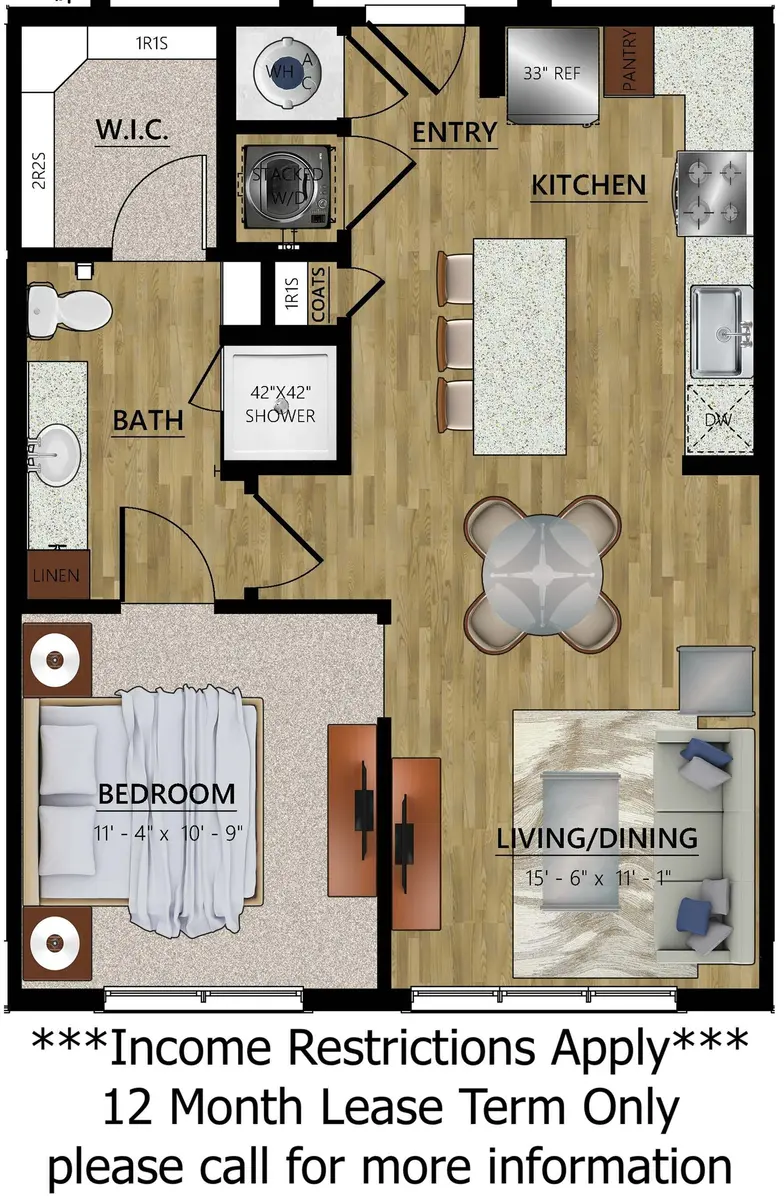 A layout of a one-bedroom apartment featuring an entryway leading to a kitchen, a living/dining area, a bedroom with a walk-in closet, and a bathroom. Income restrictions are noted, along with a 12-month lease term requirement.