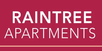 Text graphic featuring the words 'RAINTREE APARTMENTS' against a maroon background.