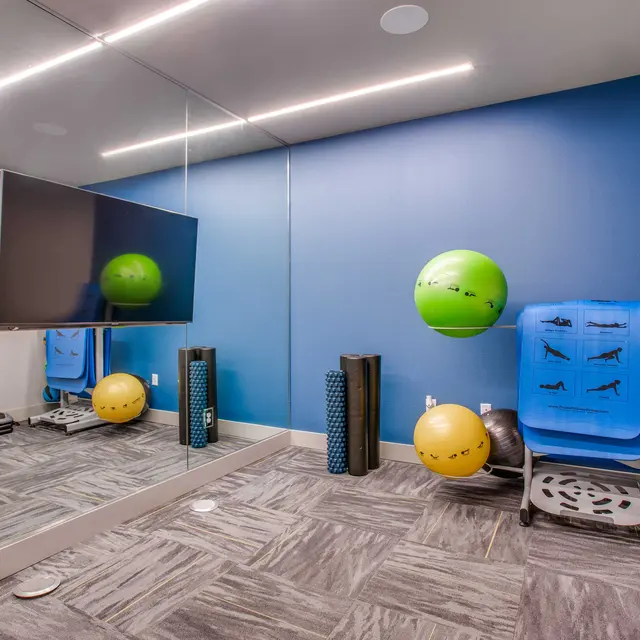 A modern fitness room featuring a large mirror, wall-mounted television, exercise equipment, and various exercise balls.