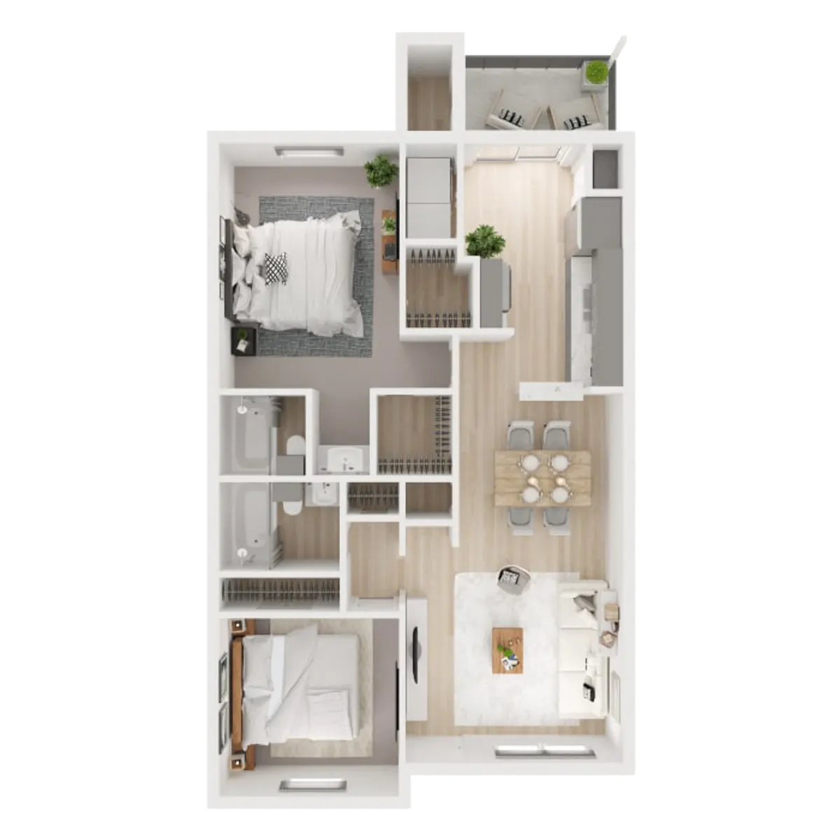 Toro Place 3D top-down layout of a well-furnished one-bedroom apartment with living area, kitchen, bathroom, and balcony.