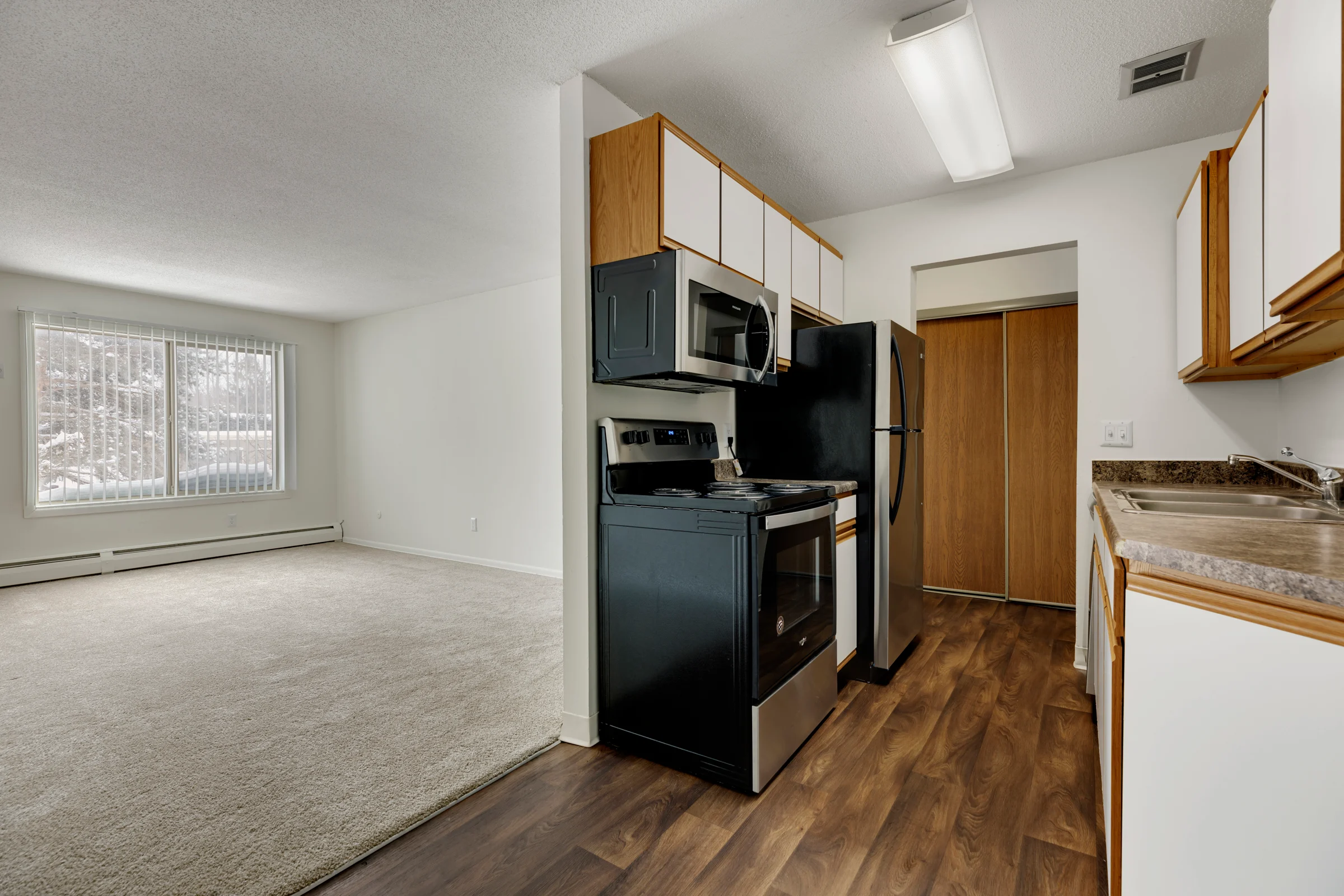 Regency Park Apartments - Spacious Modern Kitchen and Living Area A modern kitchen with black appliances and wooden cabinets, leading into a spacious living area with large windows and light carpeting.