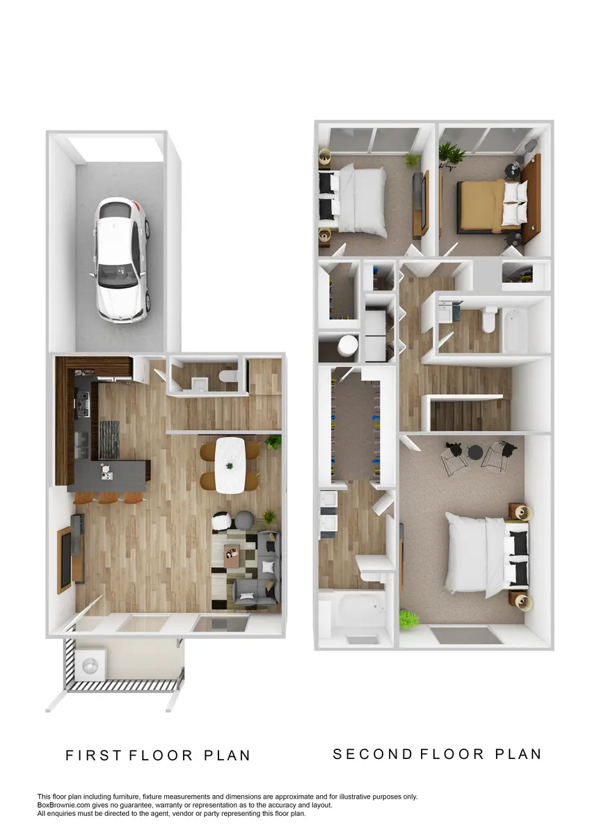 Architectural floor plan depicting the layout of a two-story house, including rooms and a garage.