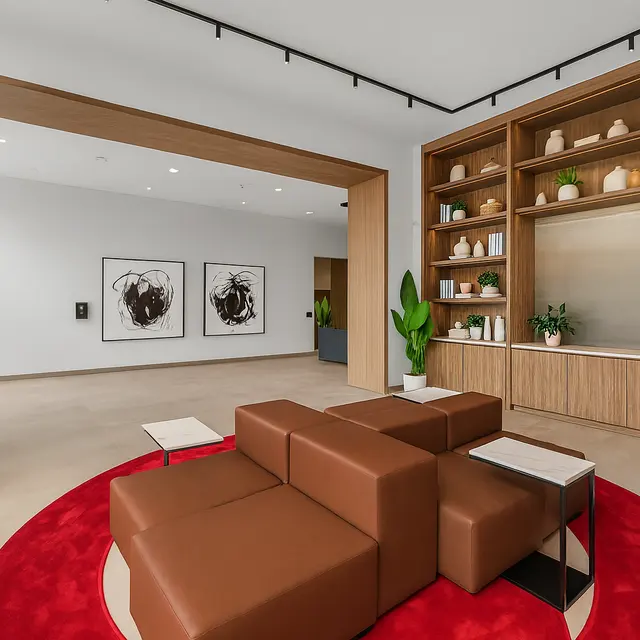 A modern lobby with a minimalist design featuring a brown seating area on a red circular rug, wooden shelves with decorative items, and abstract wall art.