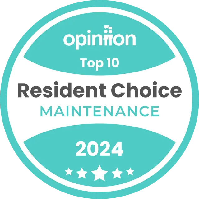 2024 Resident Choice Maintenance Award A badge featuring the text 'Top 10 Resident Choice Maintenance 2024' with a star rating and the word 'opinion' at the top.
