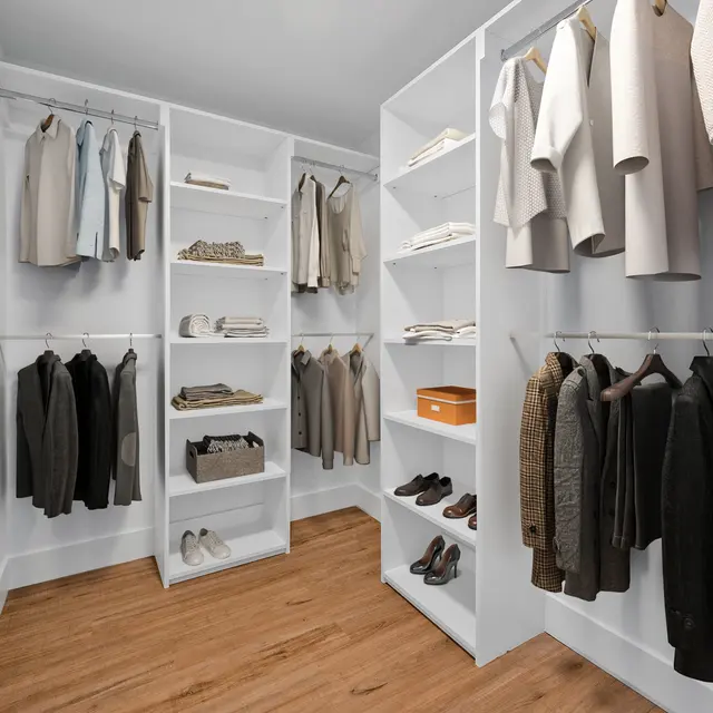 An organized closet with white shelving, displaying various clothing items in neutral tones, shoes, and accessories, with a mirror on the wall.