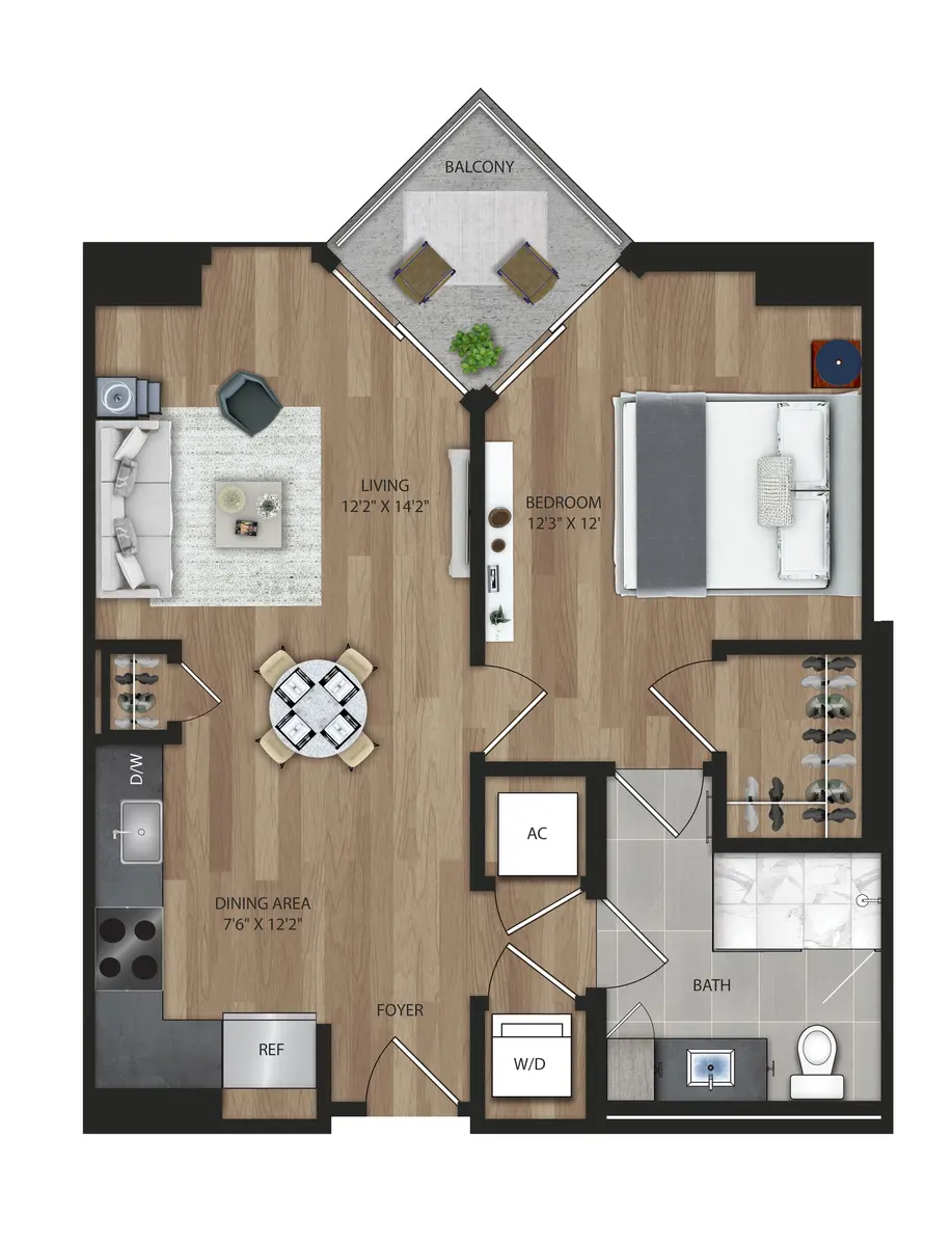 A floor plan of a modern apartment featuring a living room, bedroom, dining area, balcony, bathroom, and foyer. The layout includes labeled dimensions and areas for furniture placement.