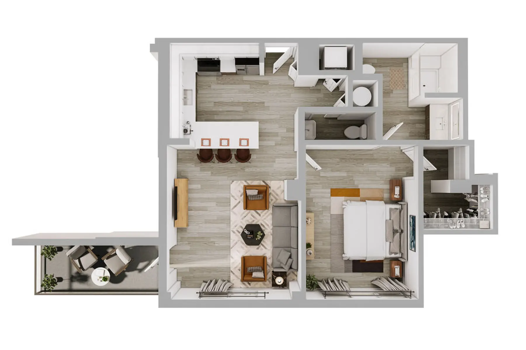 A detailed floor plan of an apartment showing the layout including rooms such as a living area, kitchen, bedroom, and bathroom.
