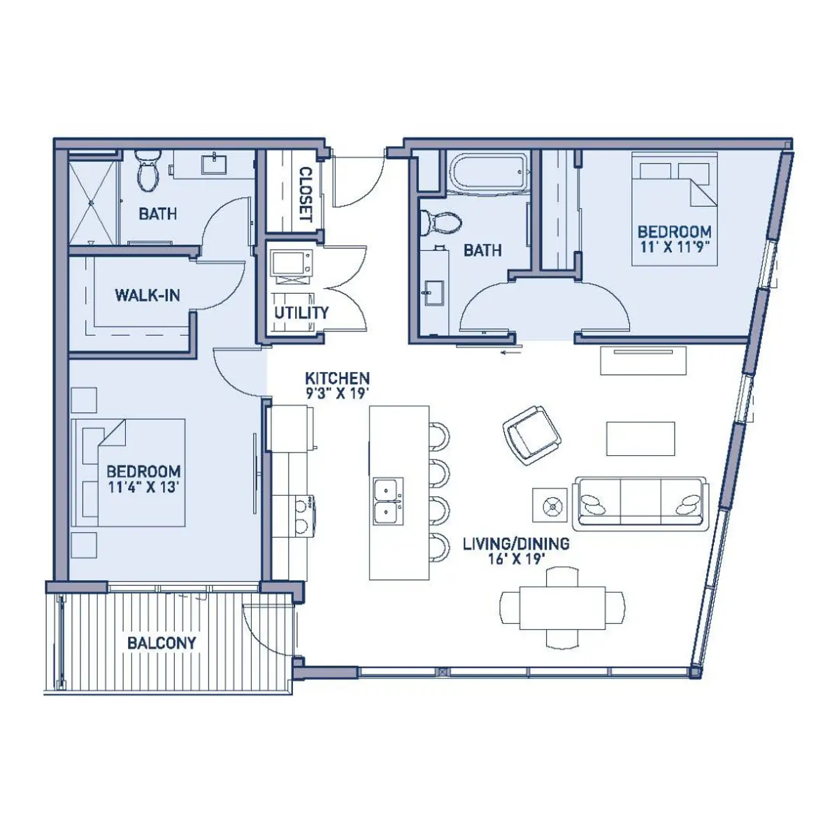 A blueprint of a residential apartment layout featuring a living/dining area, kitchen, three bedrooms, two bathrooms, a utility room, a closet, and a balcony.