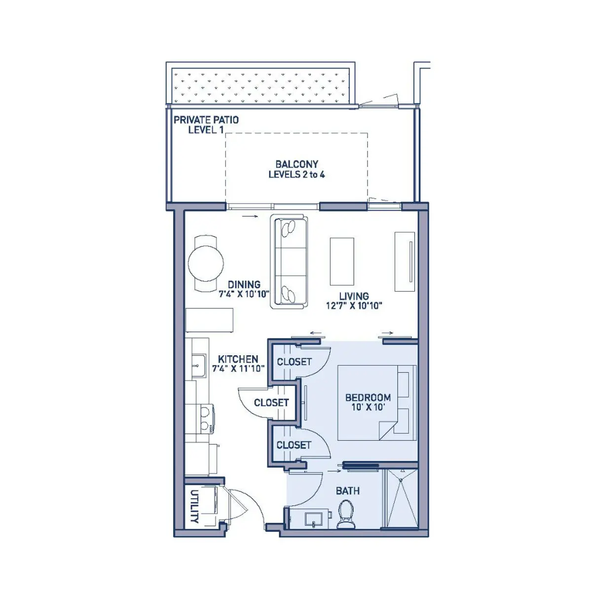 Blueprint of a small apartment layout showing rooms and dimensions.