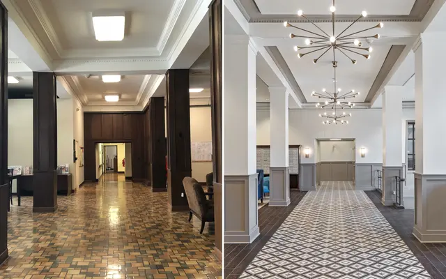 A split image showing two different interior lobbies. The left side features a vintage style lobby with patterned tile flooring and dark wood paneling. The right side showcases a modern lobby with a geometric tiled floor and contemporary lighting fixtures.