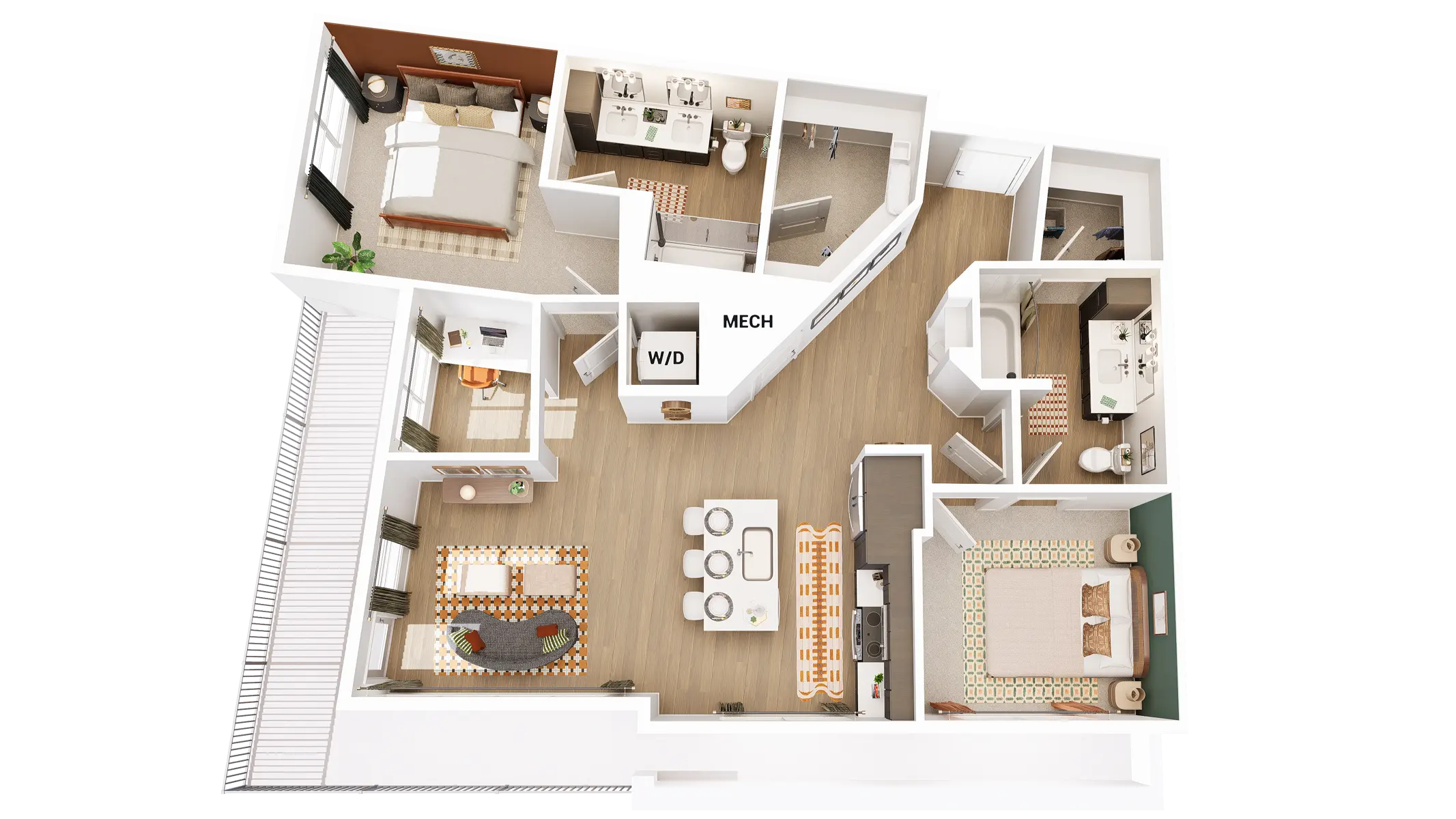 Apartment Floor Plan A detailed floor plan of an apartment showcasing various rooms including a living area, kitchen, bedrooms, bathrooms, and a utility space labeled as MECH.