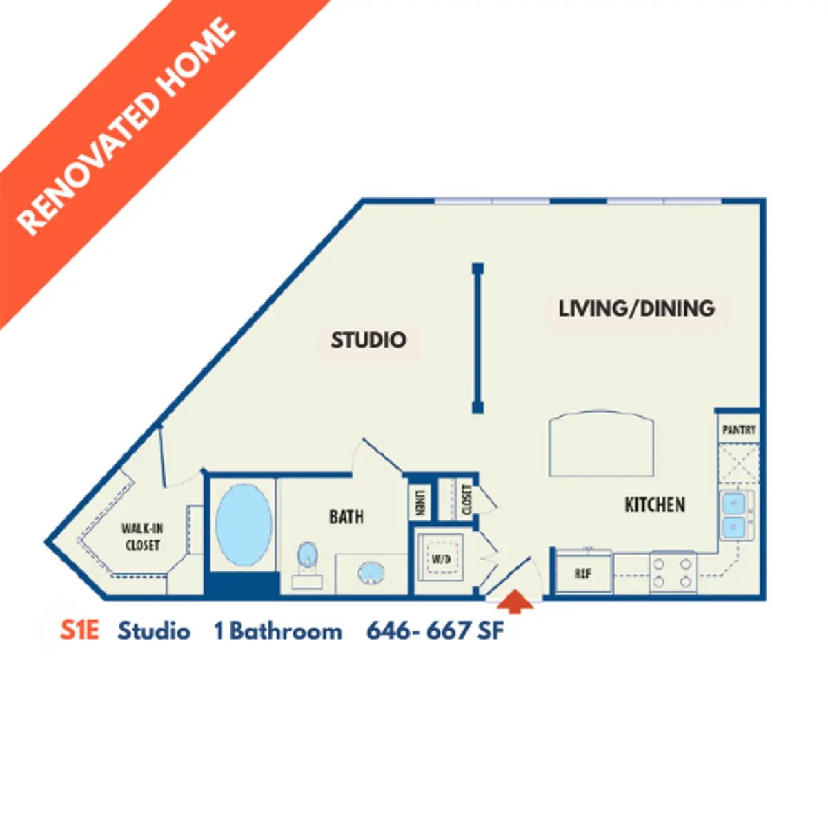A floor plan of a renovated studio apartment showing a living/dining area, kitchen, bathroom, and walk-in closet.