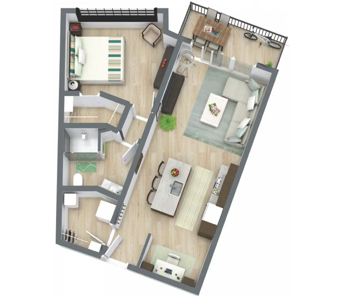 Apartment Floor Plan Design Architectural floor plan of an apartment showing a living room, bedroom, kitchen, bathroom, and balcony area.