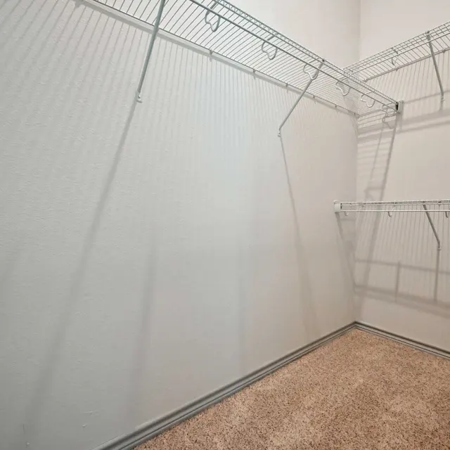 An empty closet featuring wire shelving and a carpeted floor.