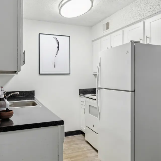Modern kitchen with white cabinets, a black countertop, stainless steel sink, and a refrigerator. Minimalist art on the wall.