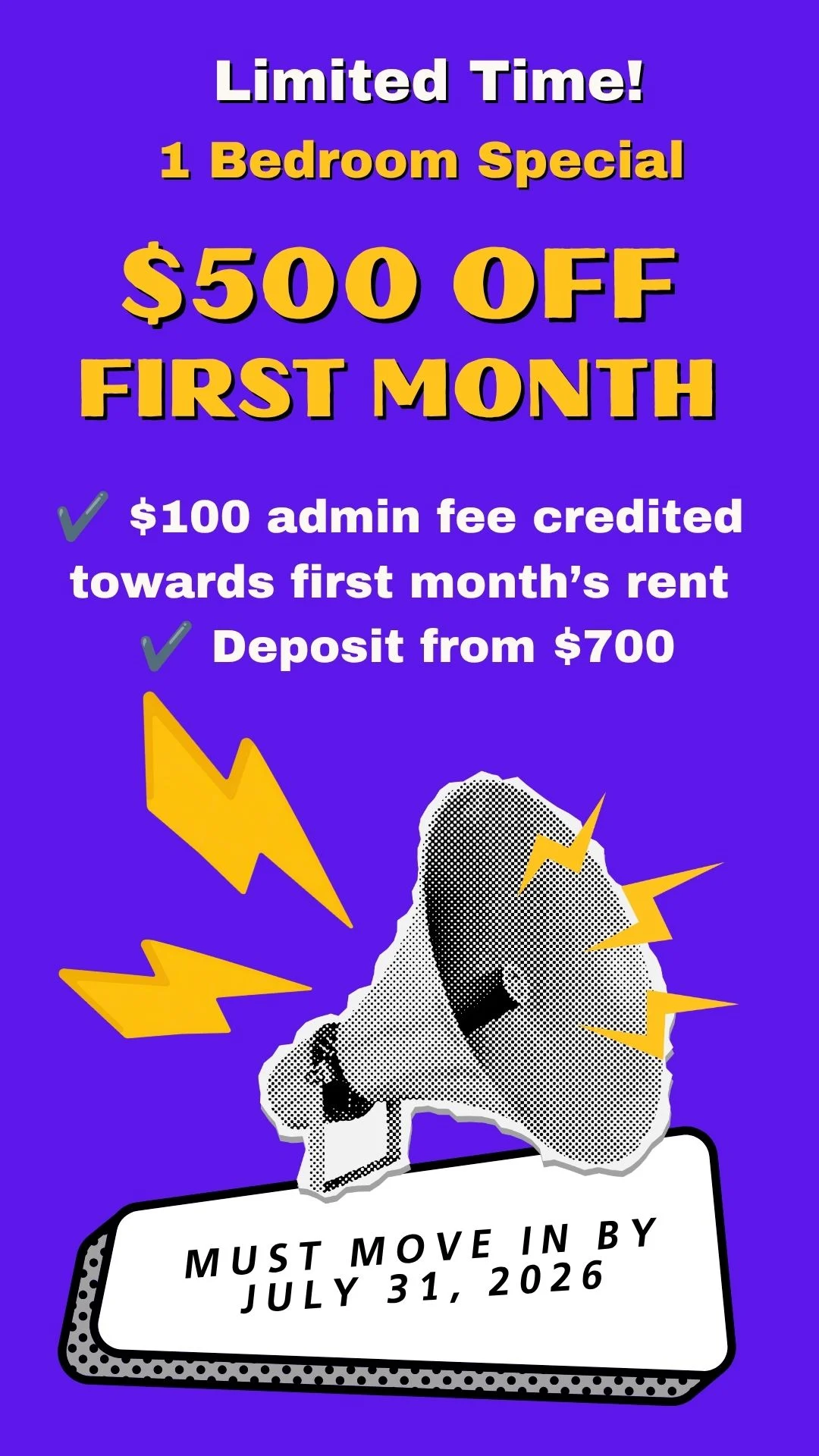 Promotional graphic for a 1 bedroom apartment special offering $500 off the first month rent, with additional details about an admin fee and deposit.