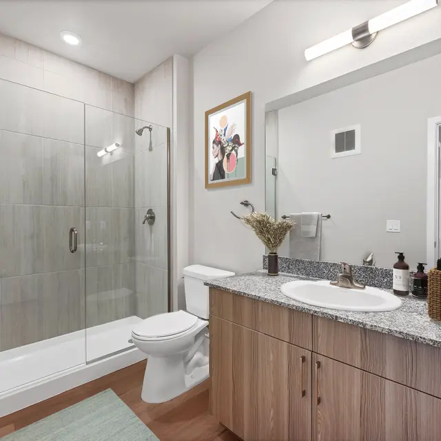 Modern Bathroom Interior Design A modern bathroom featuring a glass shower, light wood cabinetry, and a double sink with a granite countertop.